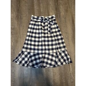 Club Monaco Blue White Gingham Tie Midi Skirt 2 Cotton Linen Blend